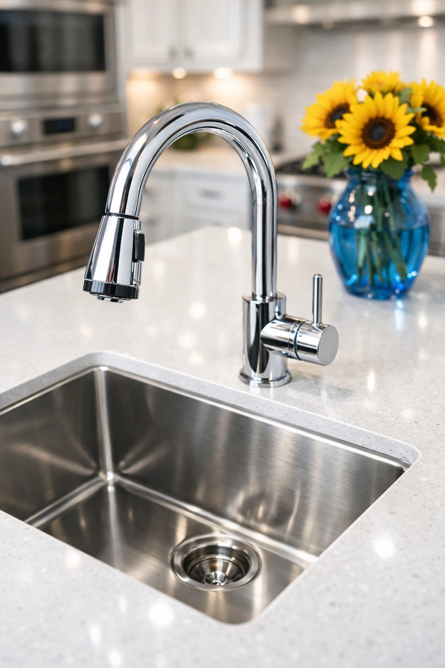 Sanitized modern kitchen sink and white quartz countertop from expert house cleaning Dunstable MA services.