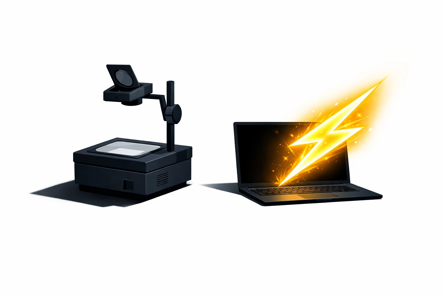 Minimalist illustration of a laptop with golden energy replacing an old projector to show AI productivity gains.