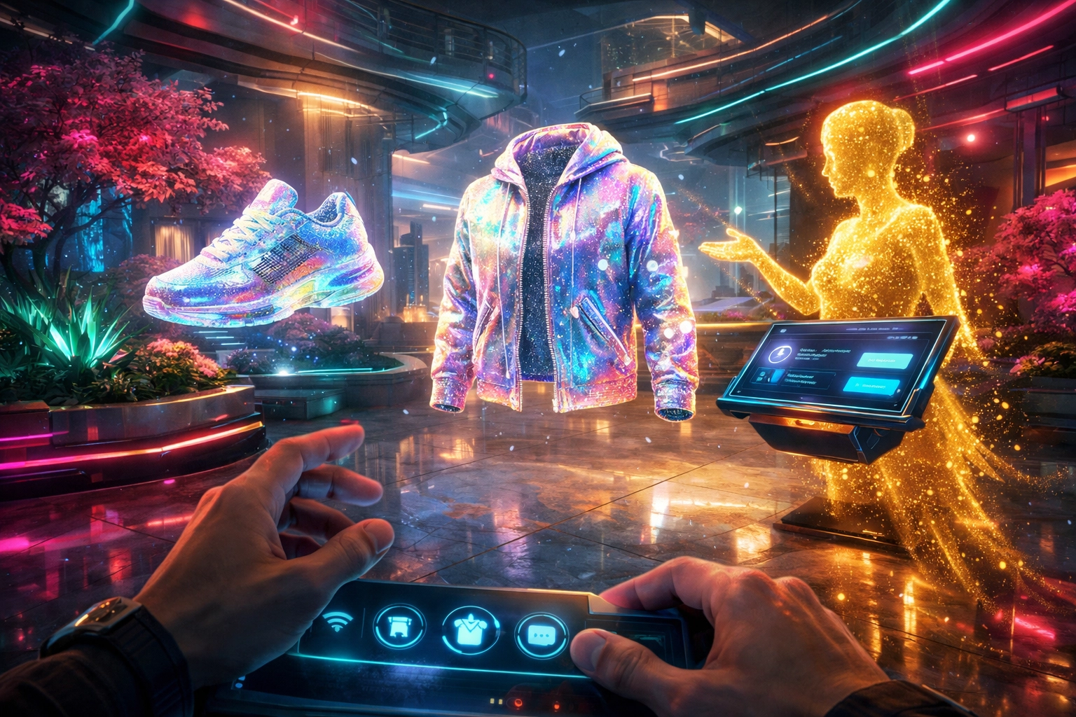 AI-driven metaverse marketplace assistant facilitating secure LUSD stablecoin transactions for shoppers.