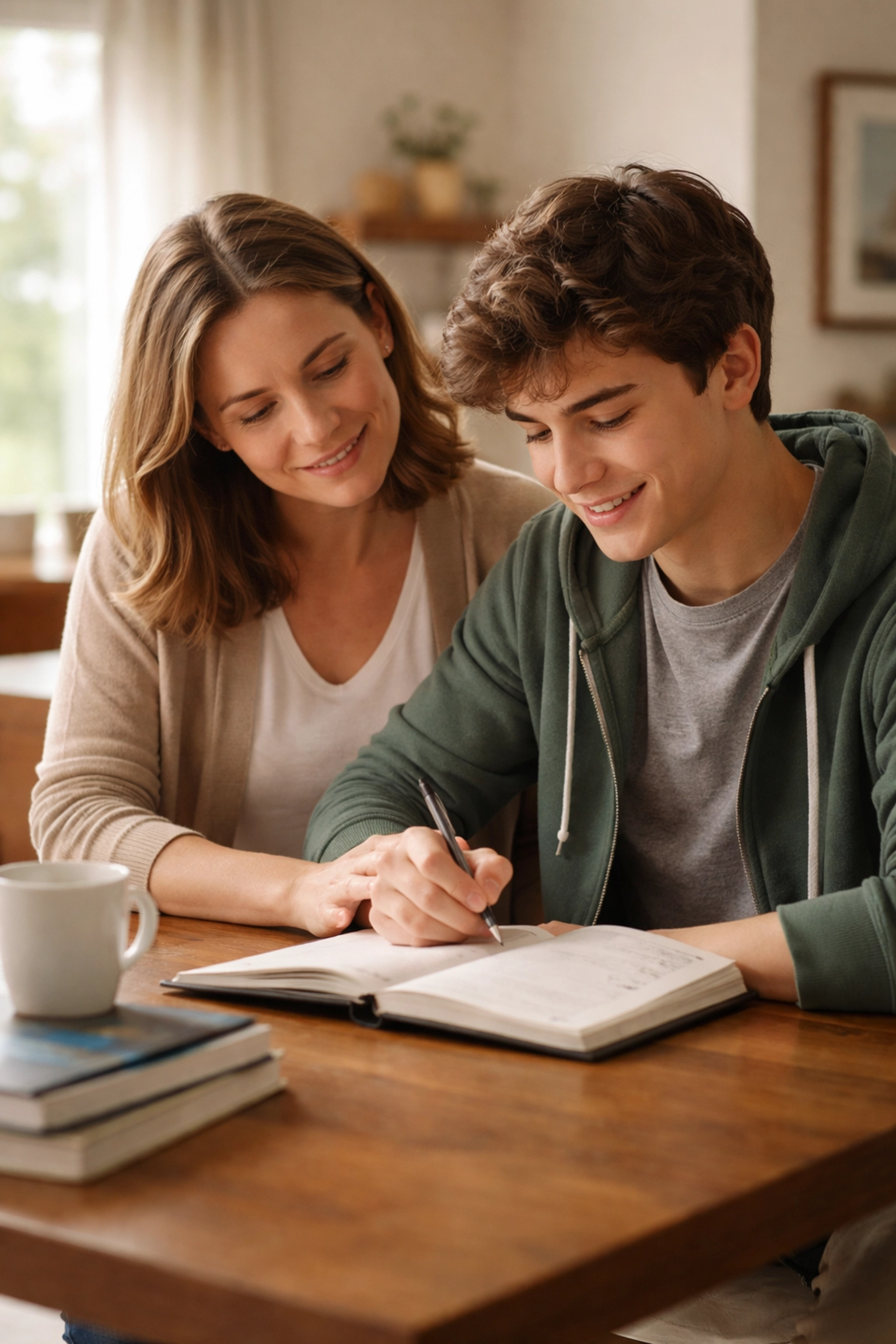 Parent and high school student review a planner together, highlighting positive study support and encouragement at home.