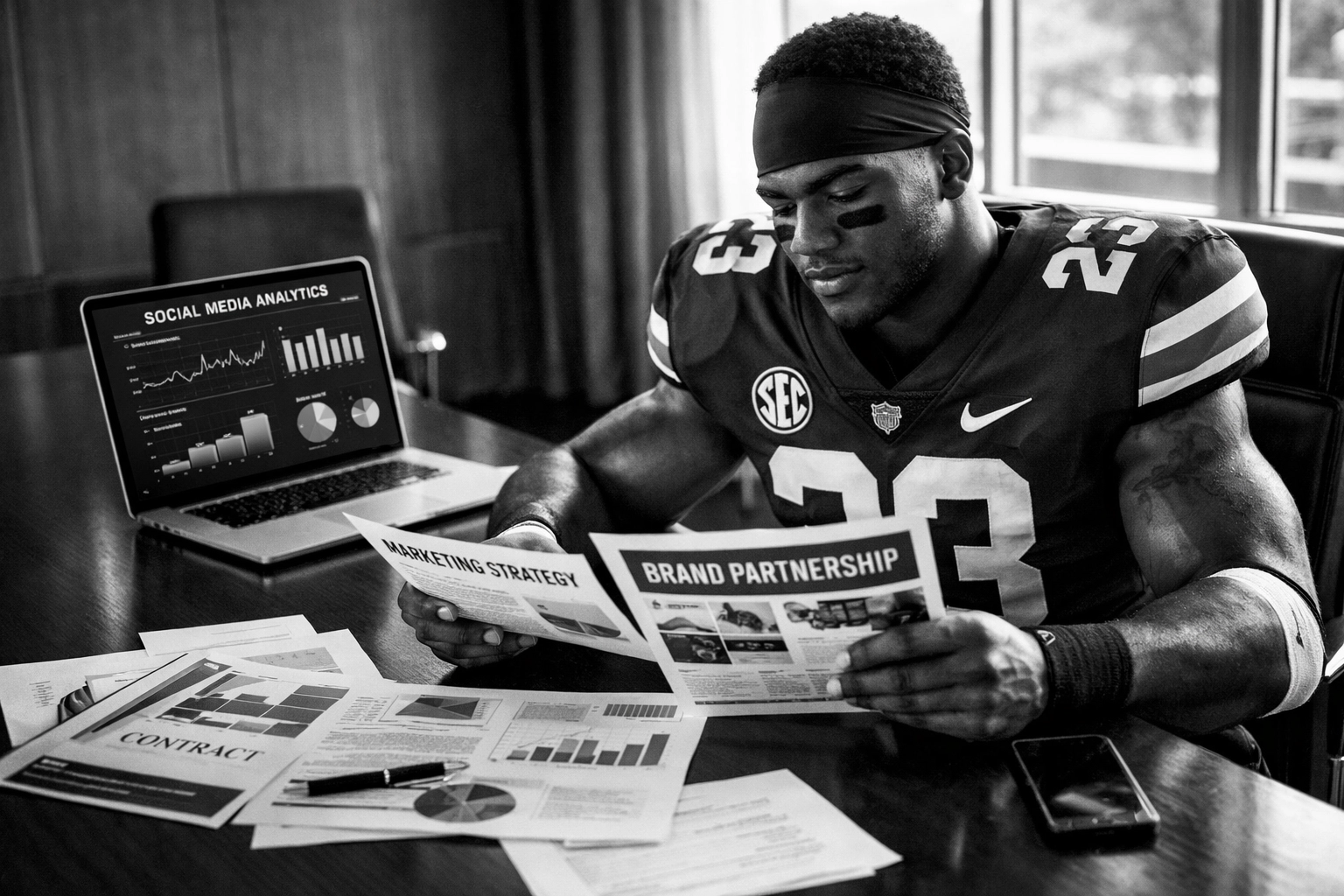 College football player reviewing NIL marketing analytics and brand partnership documents