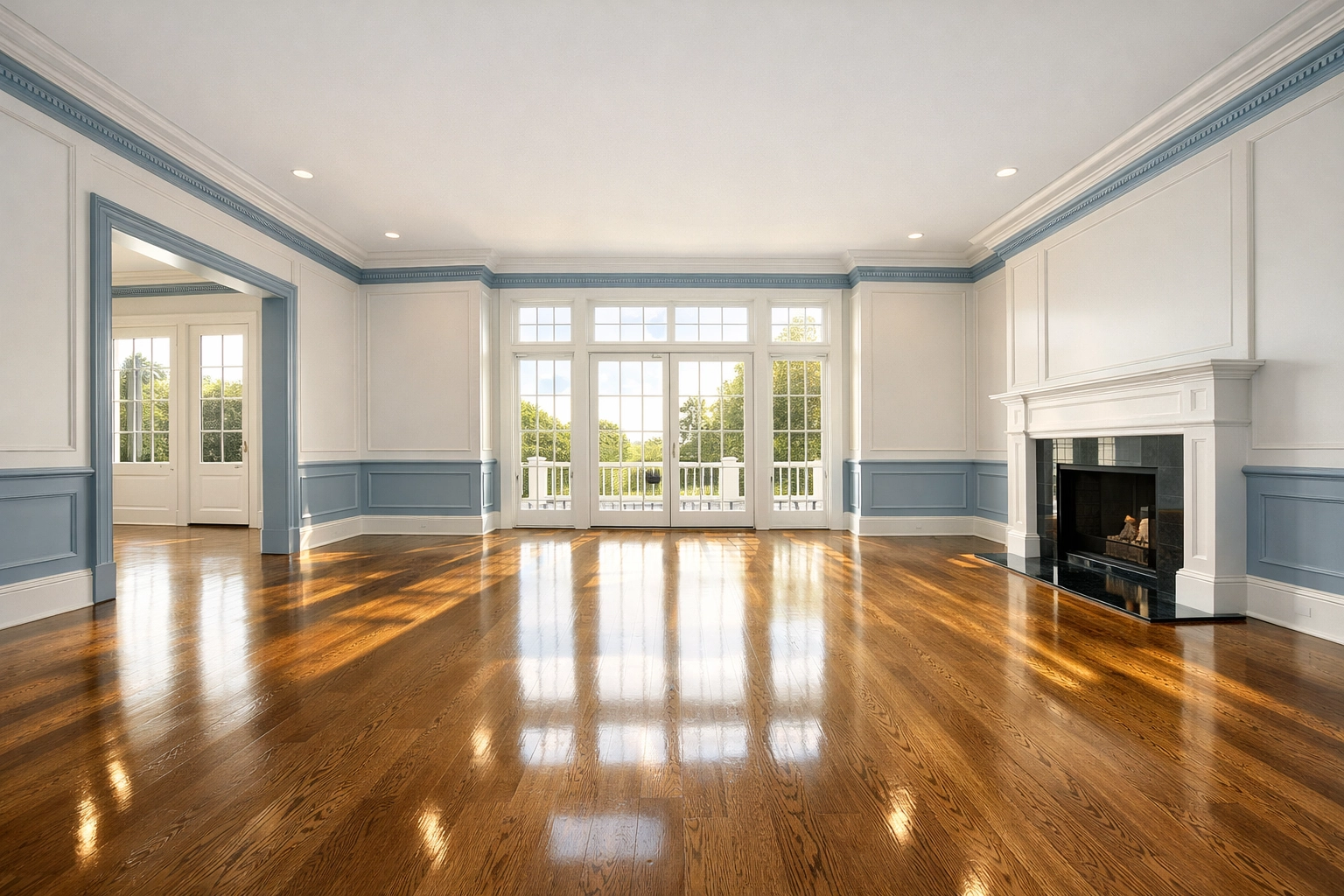 Pristine empty luxury home living room showcasing ninja level move-in cleaning in Massachusetts.