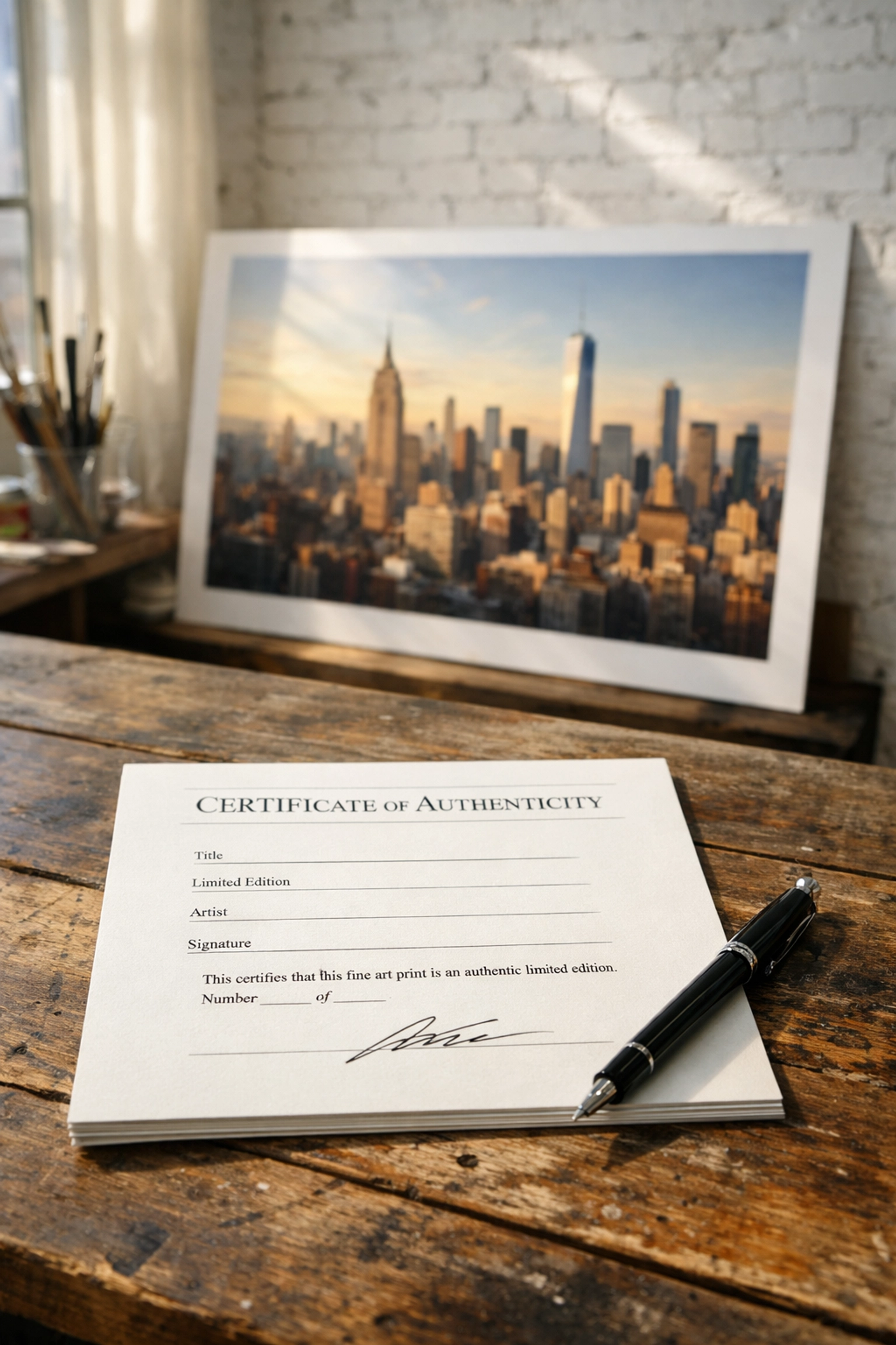A certificate of authenticity for art prints on a desk next to a limited edition Manhattan skyline photograph.
