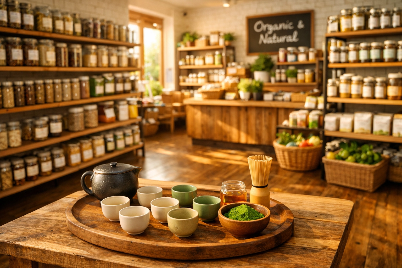 Interior of Health Defence Organics store in Hammersmith with a matcha tasting table setup.