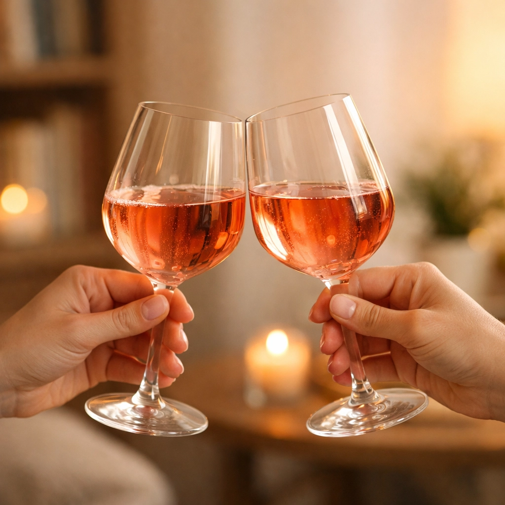 Two hands toasting with glasses of rosé wine in a warm, inviting living room setting.