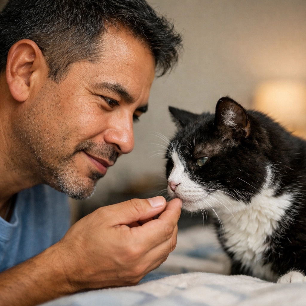 Experienced cat sitter using a Fear Free approach to care for a senior tuxedo cat at home.