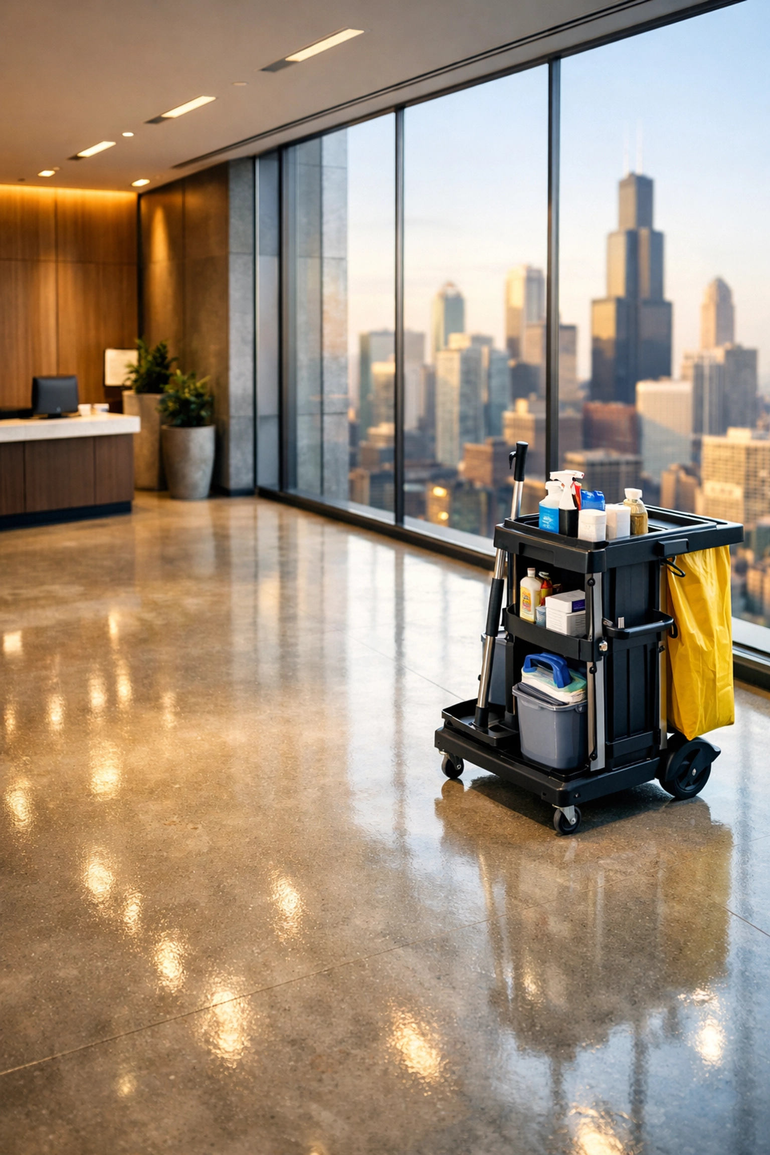 Polished lobby floor and cleaning cart in a modern Chicago office high-rise.