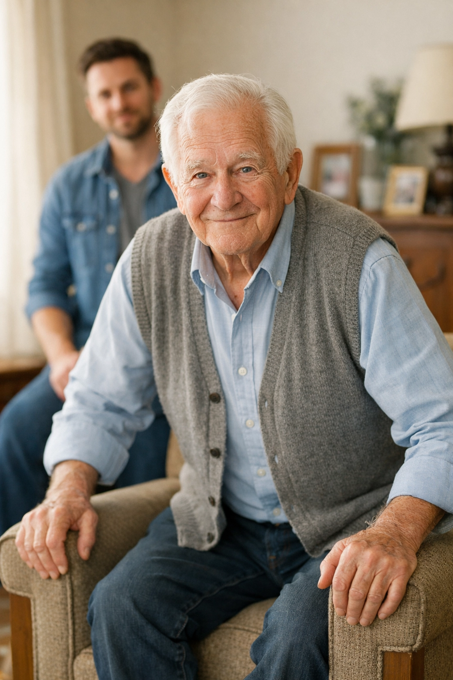 Senior man successfully performing a sit-to-stand movement from a sturdy armchair during a mobility check.