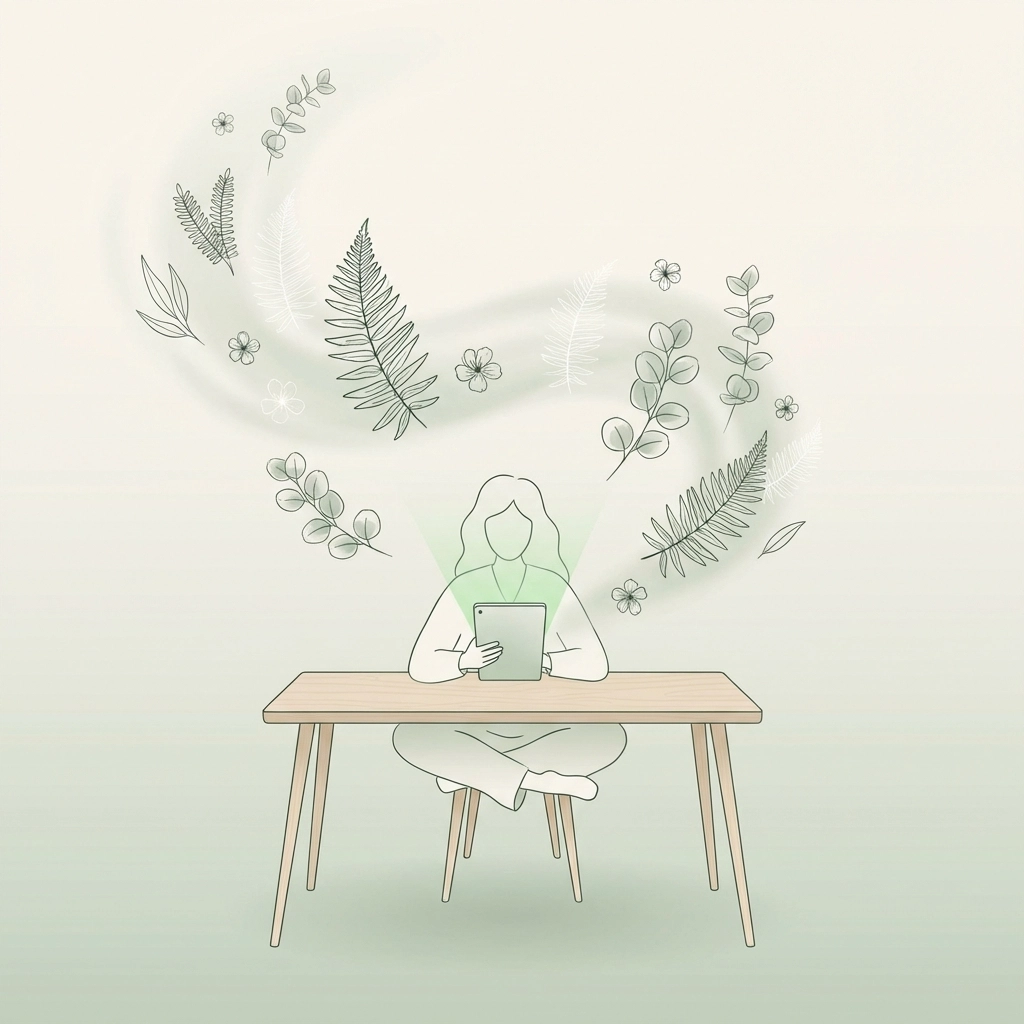 Person reading about holistic health on a tablet, surrounded by floating leaves, representing evidence-based wellness information