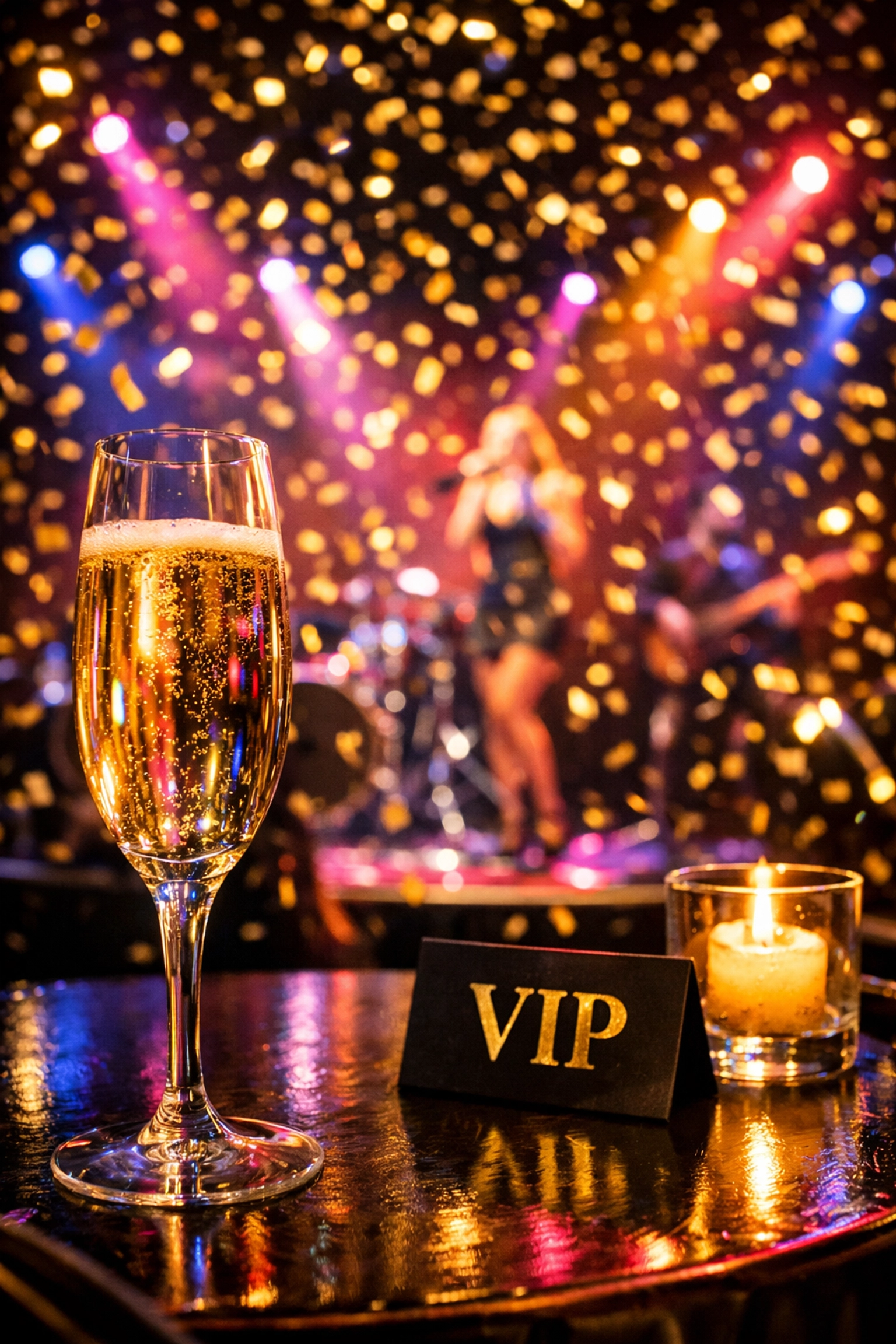 VIP table with champagne at a Jai Brenai Productions tour stop with festive stage lighting.