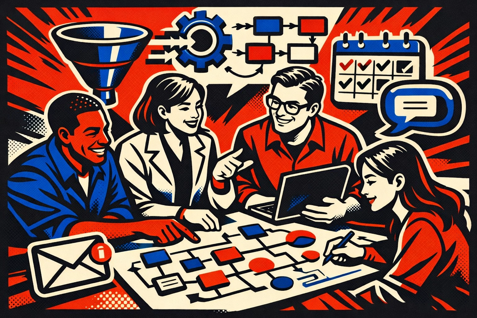 Retro comic-style strategy session for GoHighLevel CRM optimization in a wellness clinic.