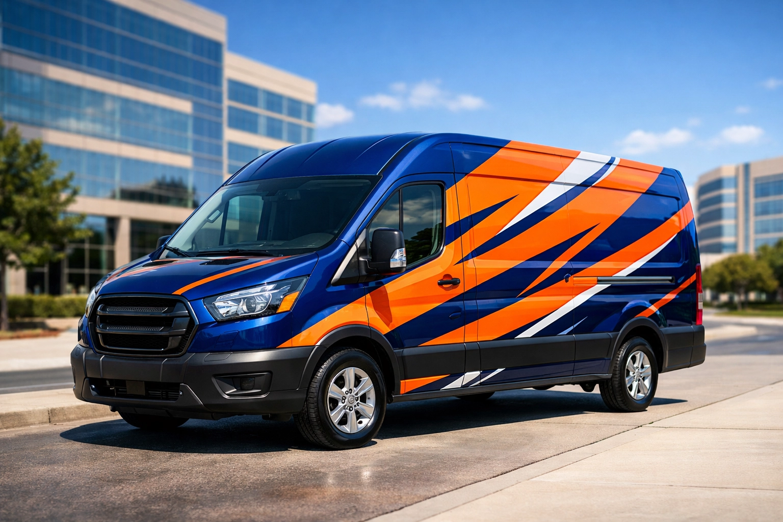 Commercial transit van with a vibrant full vehicle wrap parked in a Dallas business district for mobile advertising.