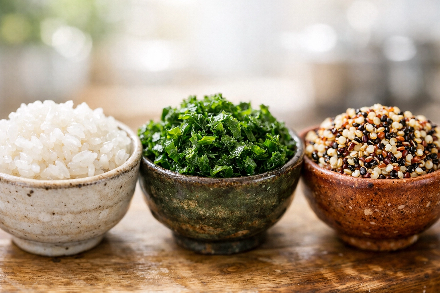 Bases saines pour personnaliser son poke bowl : riz vinaigré, quinoa et chou kale frais.