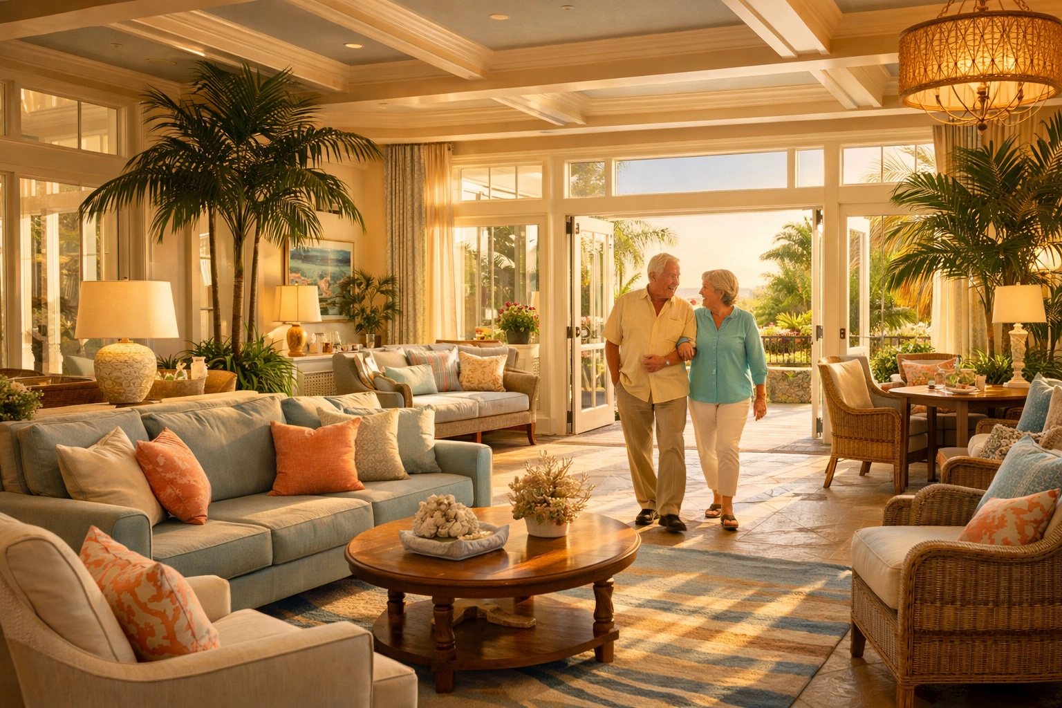 Seniors enjoying the upscale, sunny common area of a Sarasota senior living community.