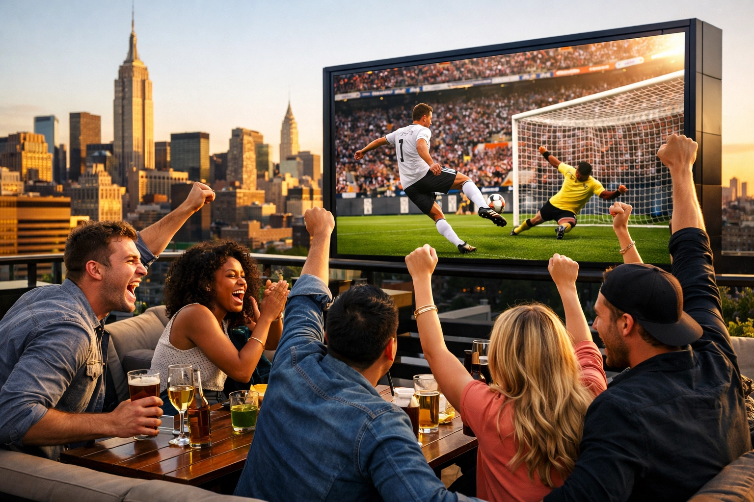Diverse fans watching the FIFA World Cup 2026 on a large outdoor screen at a rooftop viewing party.