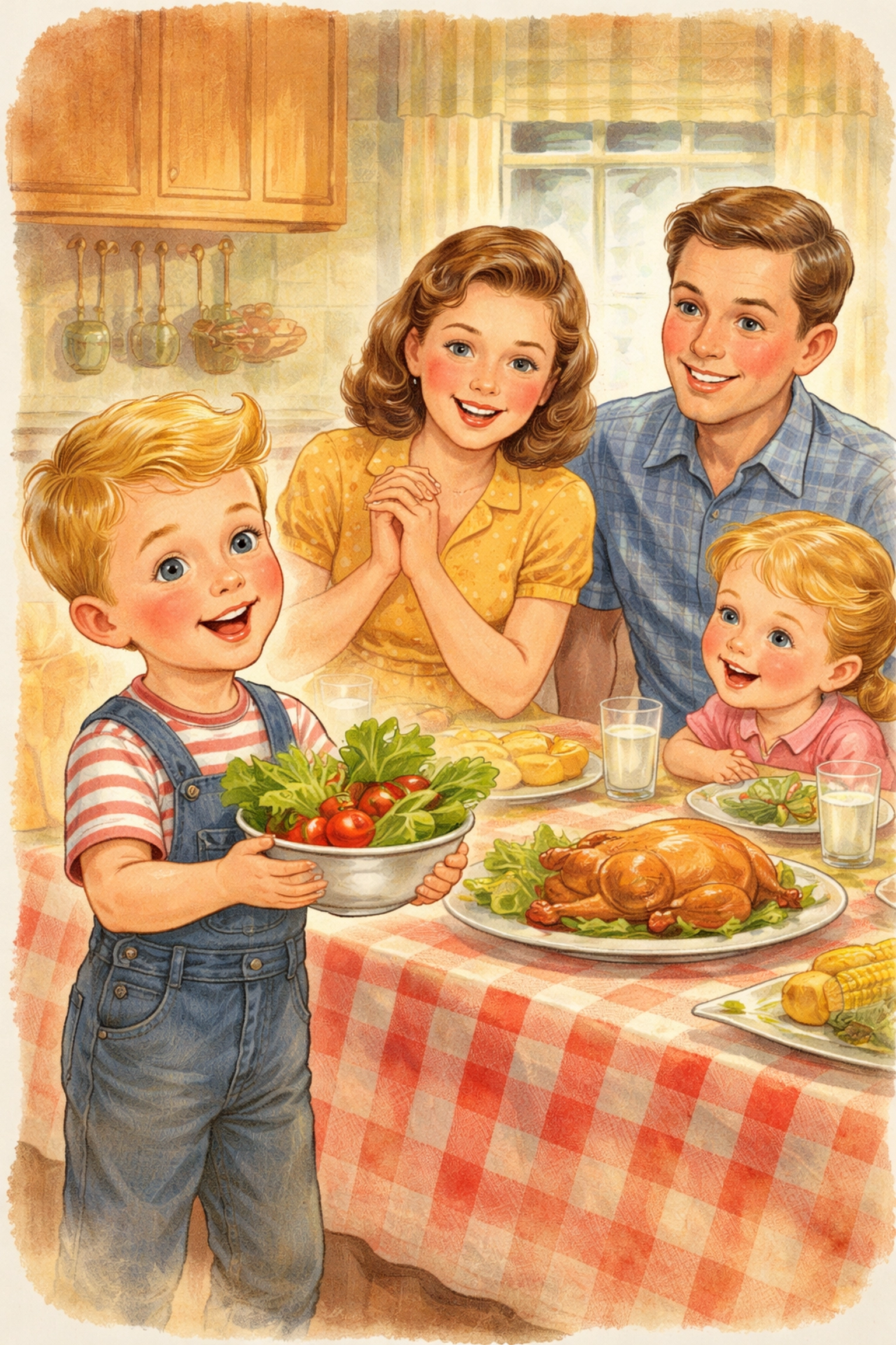 A young child presents homegrown salad greens to a smiling family, celebrating gardening pride and family connection.