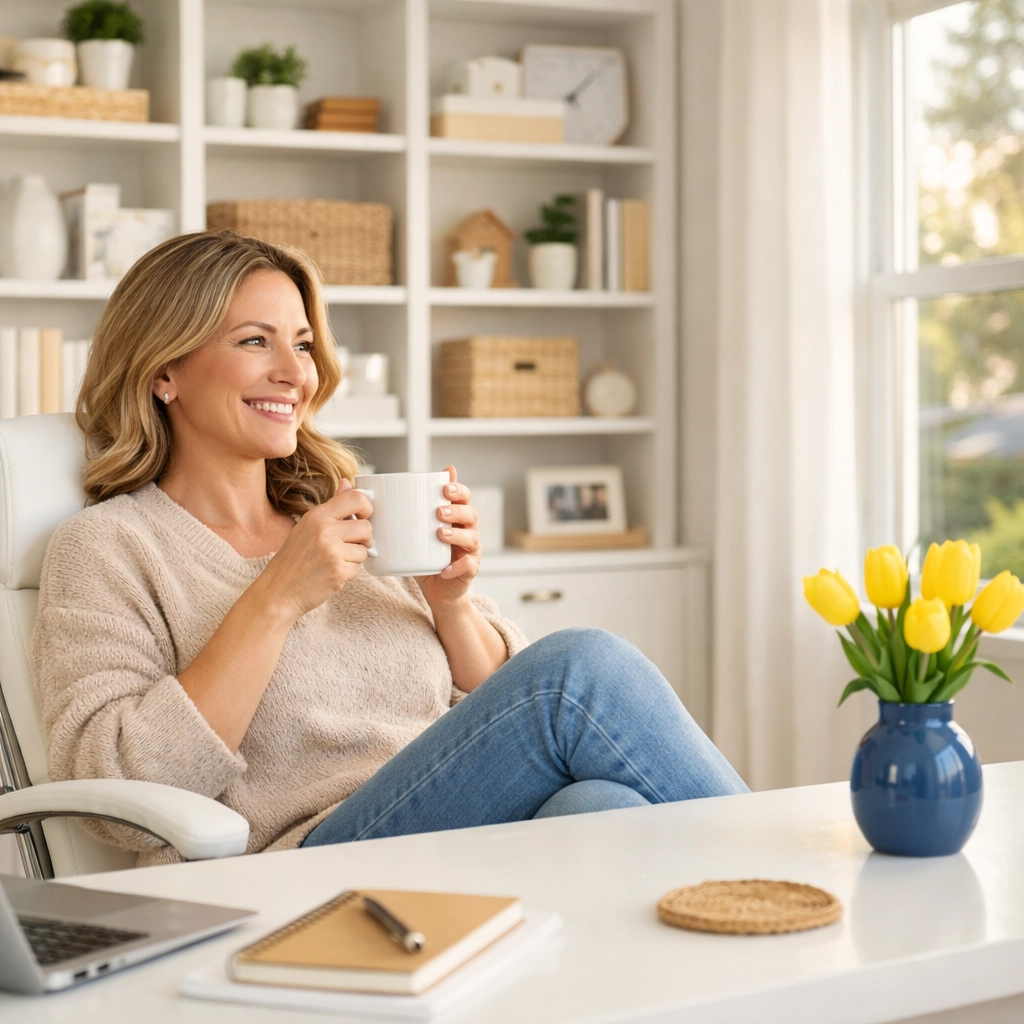 Happy homeowner relaxing in a clean home office after a professional residential cleaning in Northborough.