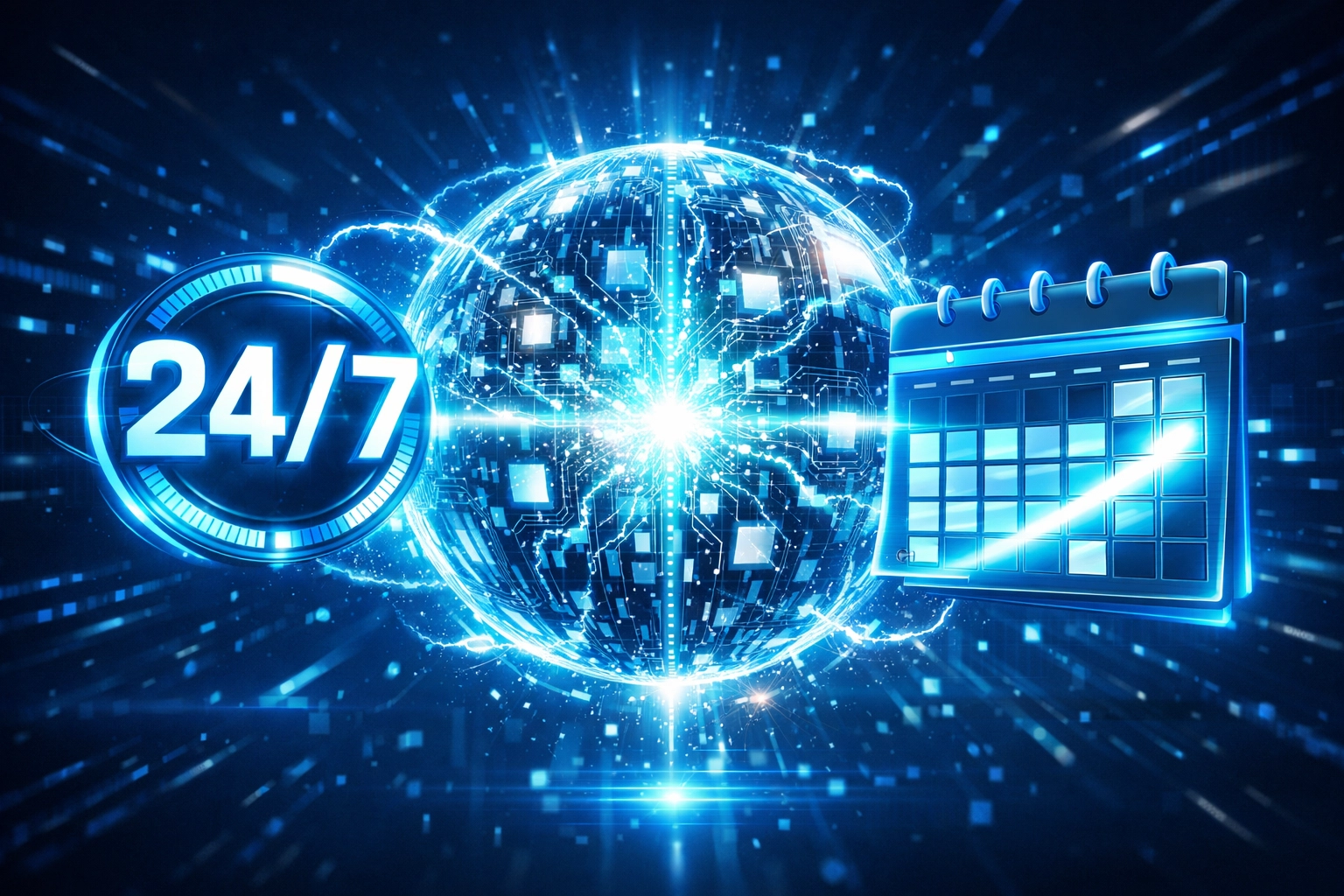 Futuristic AI core with a clock and calendar representing automated booking and AI voice agent services.