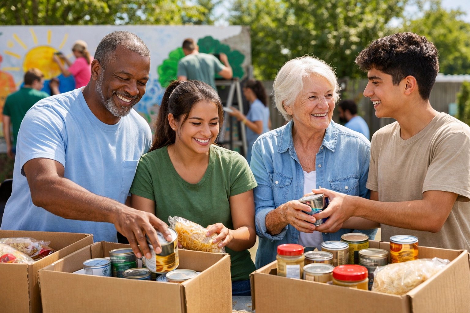 Diverse community volunteers working together building natural support networks for recovery