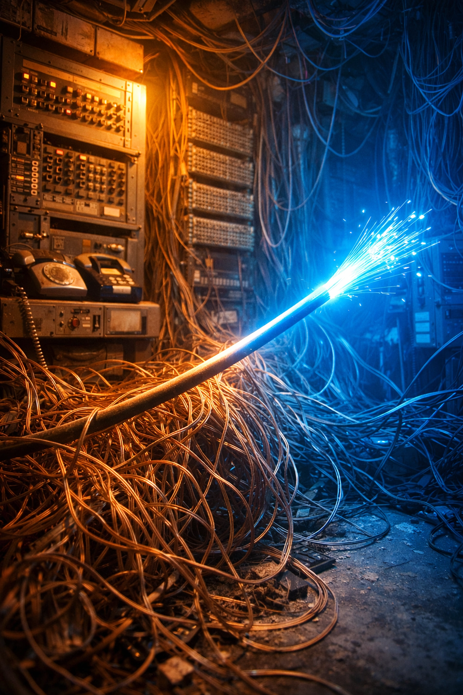 Legacy telephone wiring transitioning to modern fiber optic cables for cloud PBX in Canada.