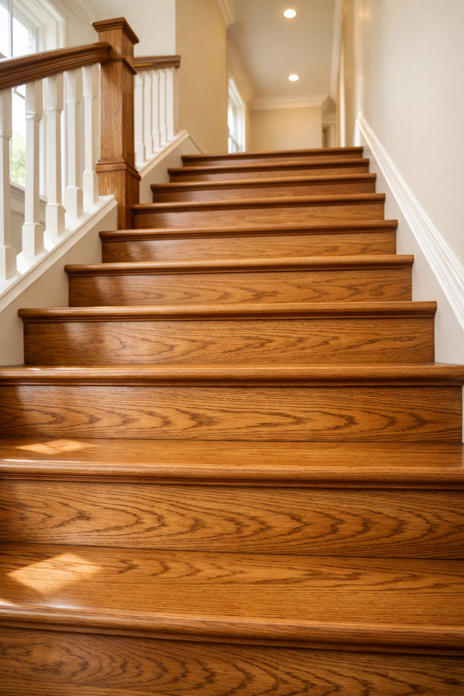 A well-lit hardwood staircase with uniform step heights to prevent tripping and improve home safety.