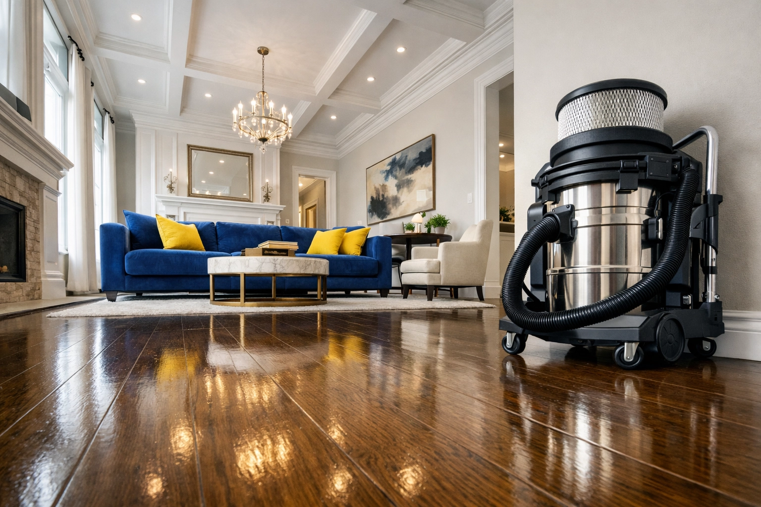 High-end living room after post construction cleaning Hudson with specialized HEPA vacuum equipment.