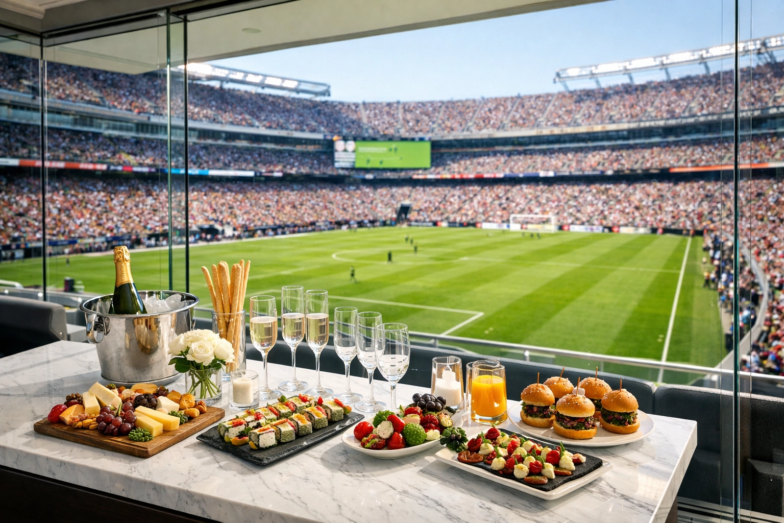 High-end hospitality suite overlooking the field for VIP executive hosting at the Big Game.