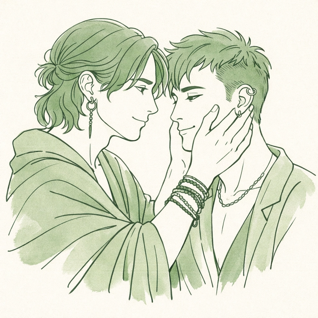 Minimalist illustration of two men sharing an intimate moment, reflecting non-binary identity in queer fiction.