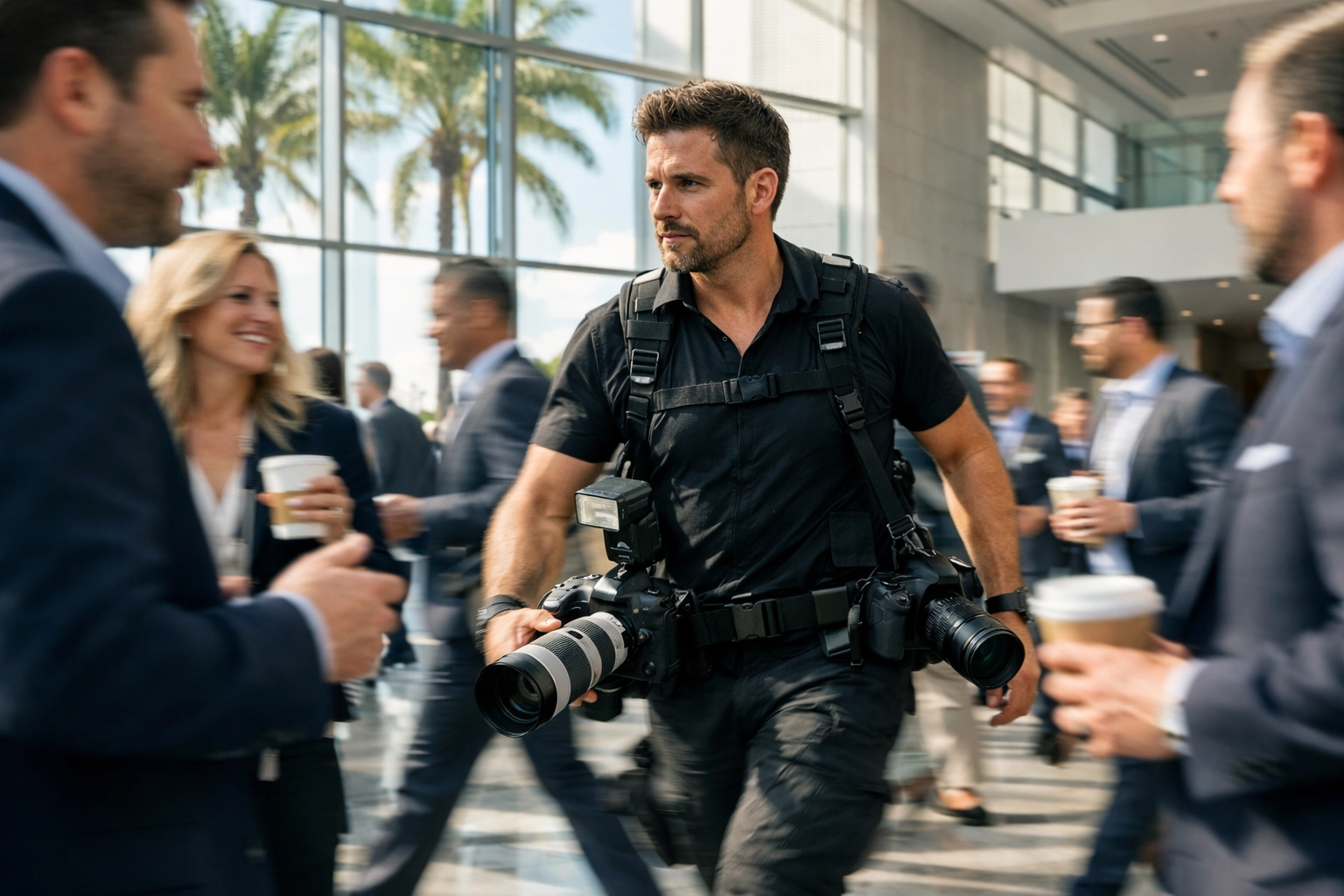 Professional conference photographer Miami captures candid networking moments in a sunny convention center lobby.