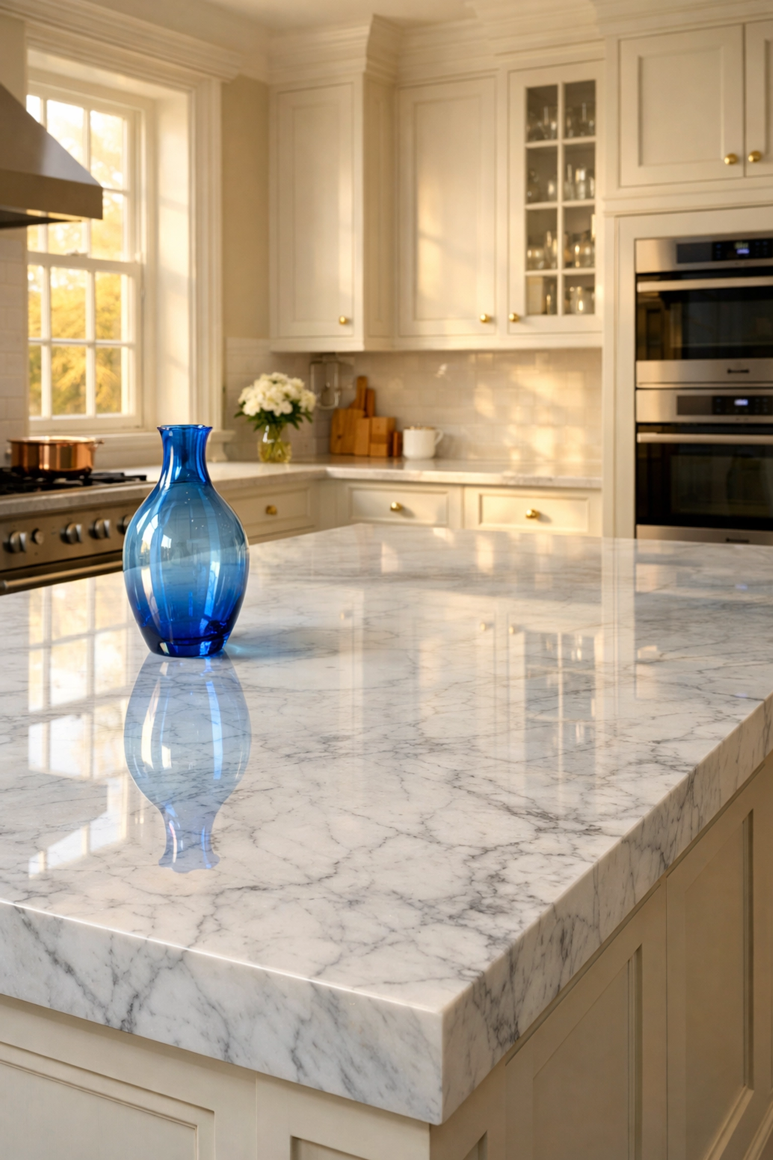 Polished marble island in a luxury Winchester kitchen, showing professional residential cleaning precision.