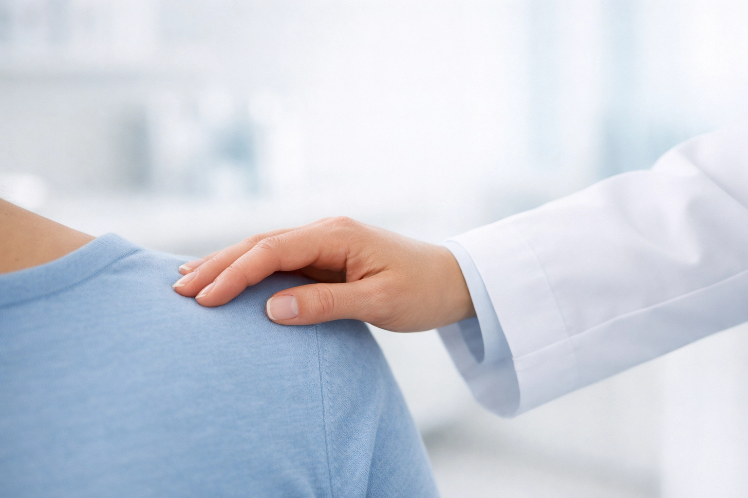 Close-up of a chiropractor’s empathetic hand on a patient's shoulder in a clean medical office.