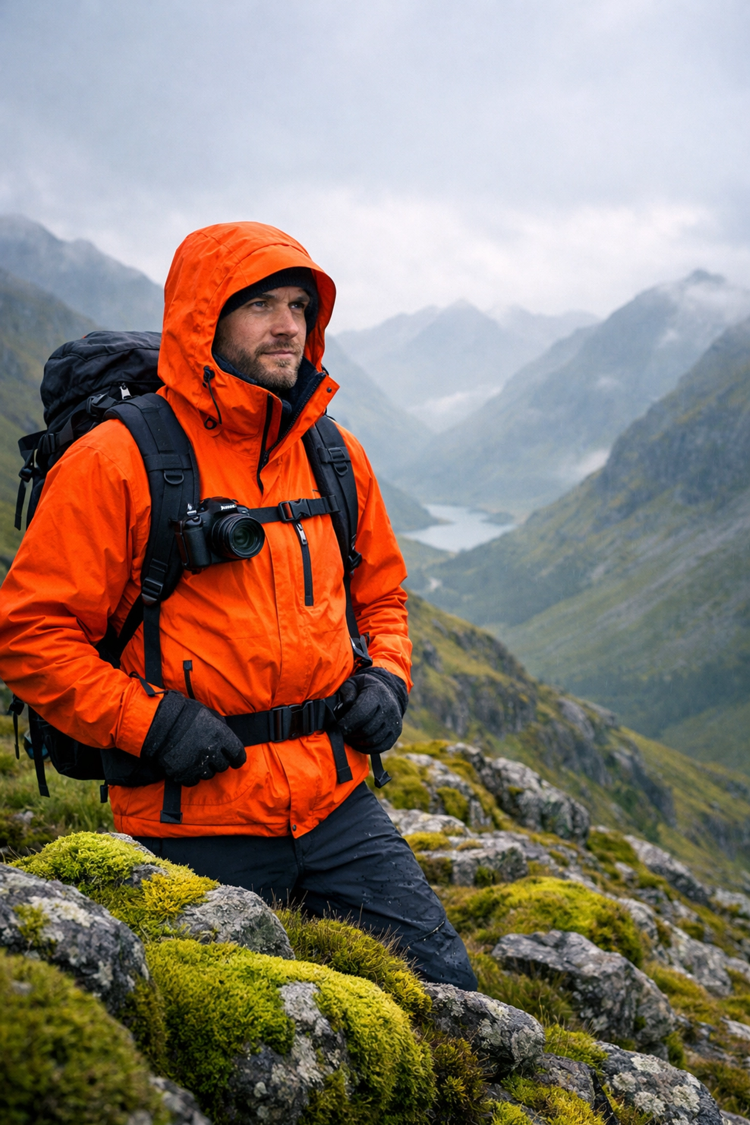 Hiker wearing a waterproof jacket on a misty ridge in the Scottish Highlands.