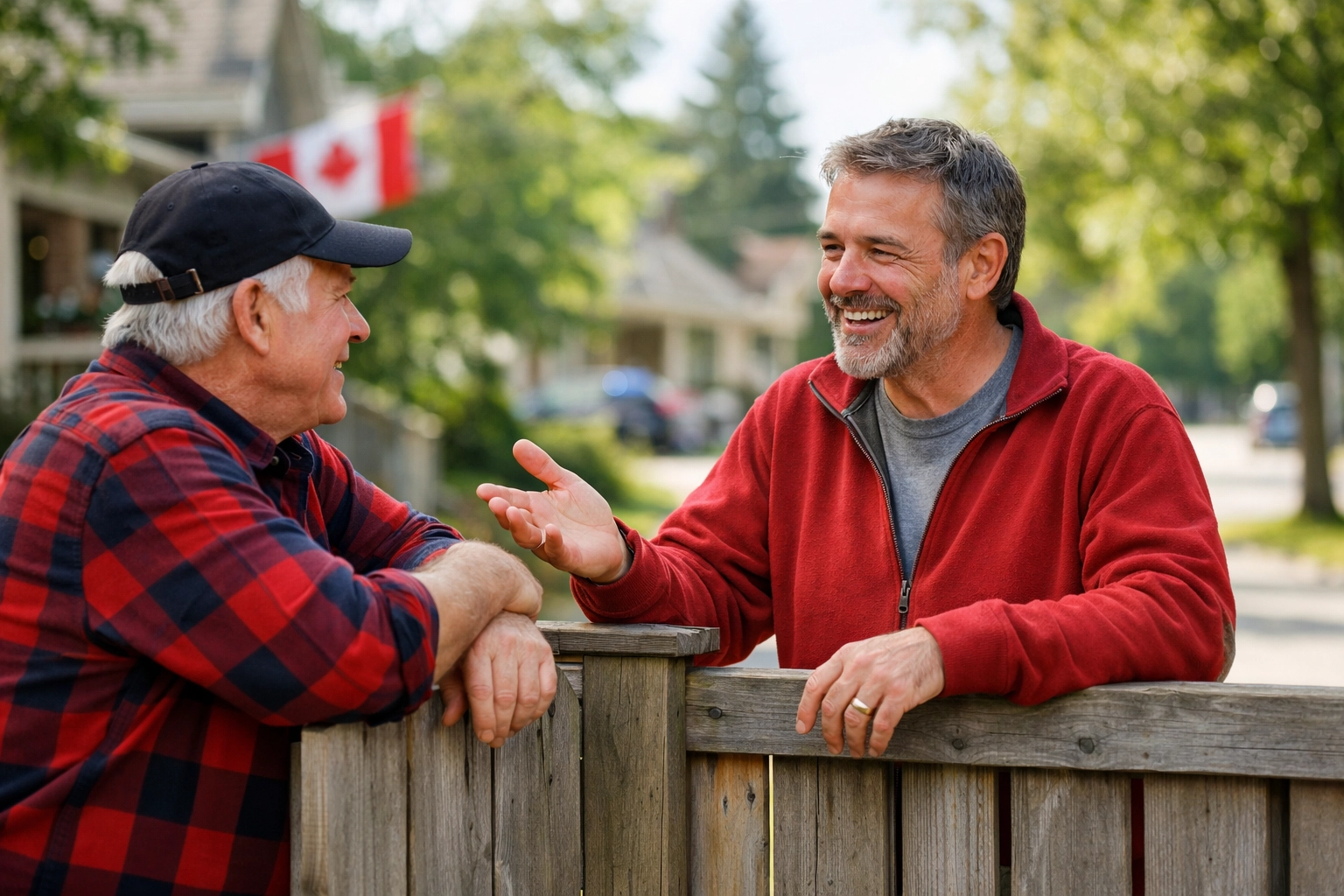 Friendly neighbors talking in a sunlit Canadian suburb, representing the trustworthy service of a fast cash lender.