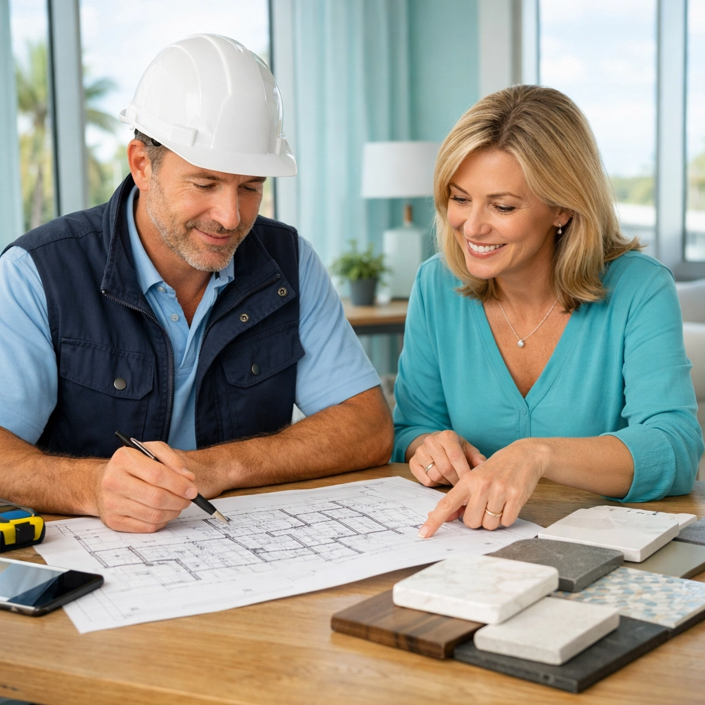 South Florida general contractor and client reviewing blueprints for a construction value engineering project.