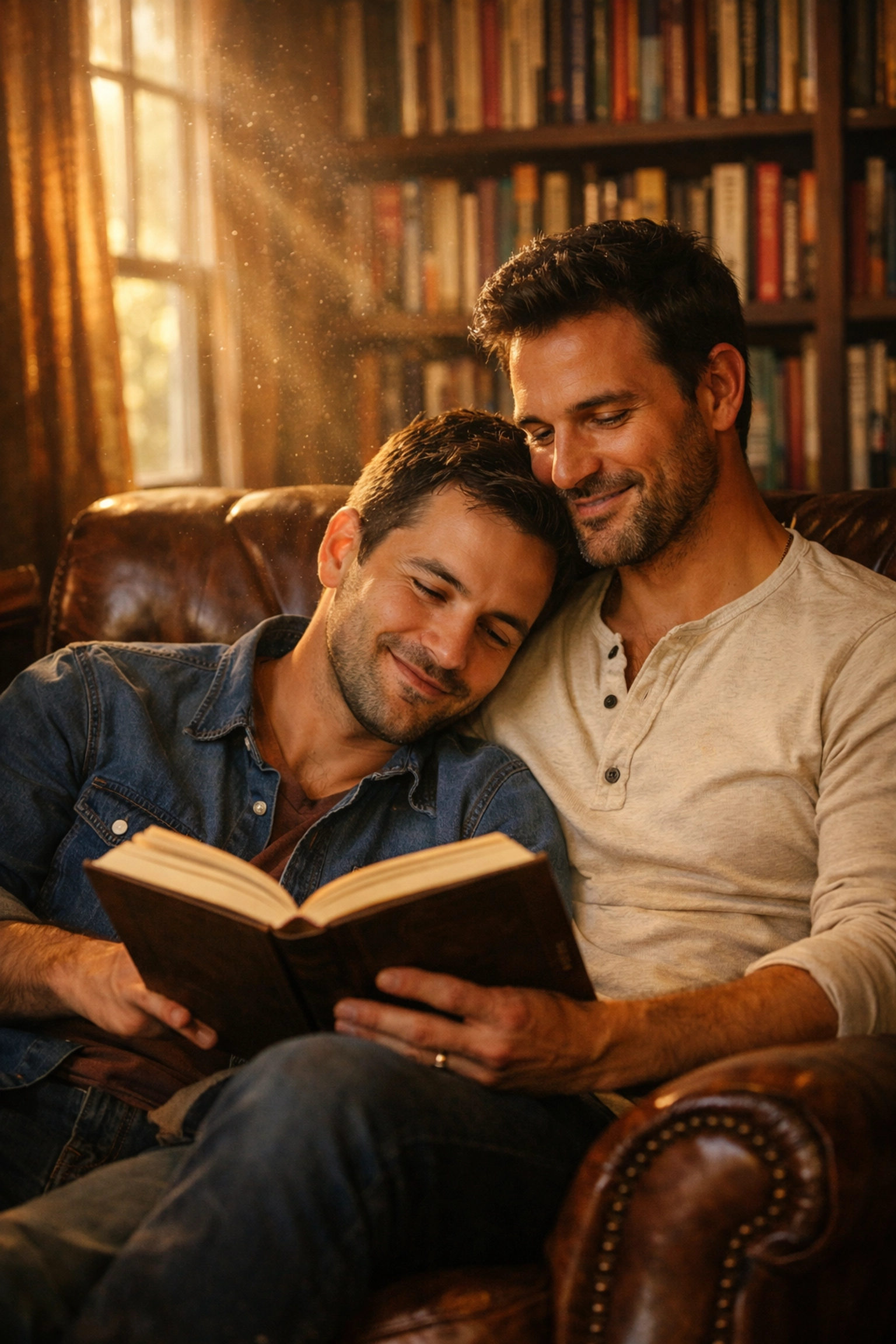 Two men reading gay romance novels in a library, symbolizing the spiritual journey in MM romance books.