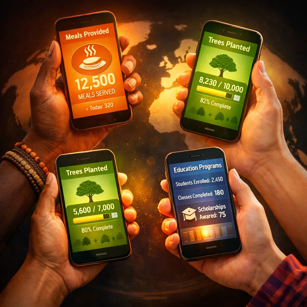 Global community tracking hunger relief, reforestation, and education impact metrics on smartphones