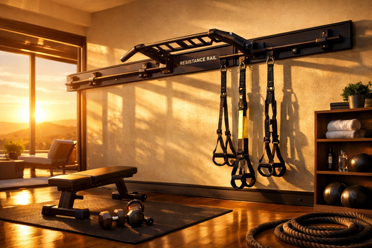 No wall damage workout system featuring a pull up bar and suspension trainers in a luxury home gym.
