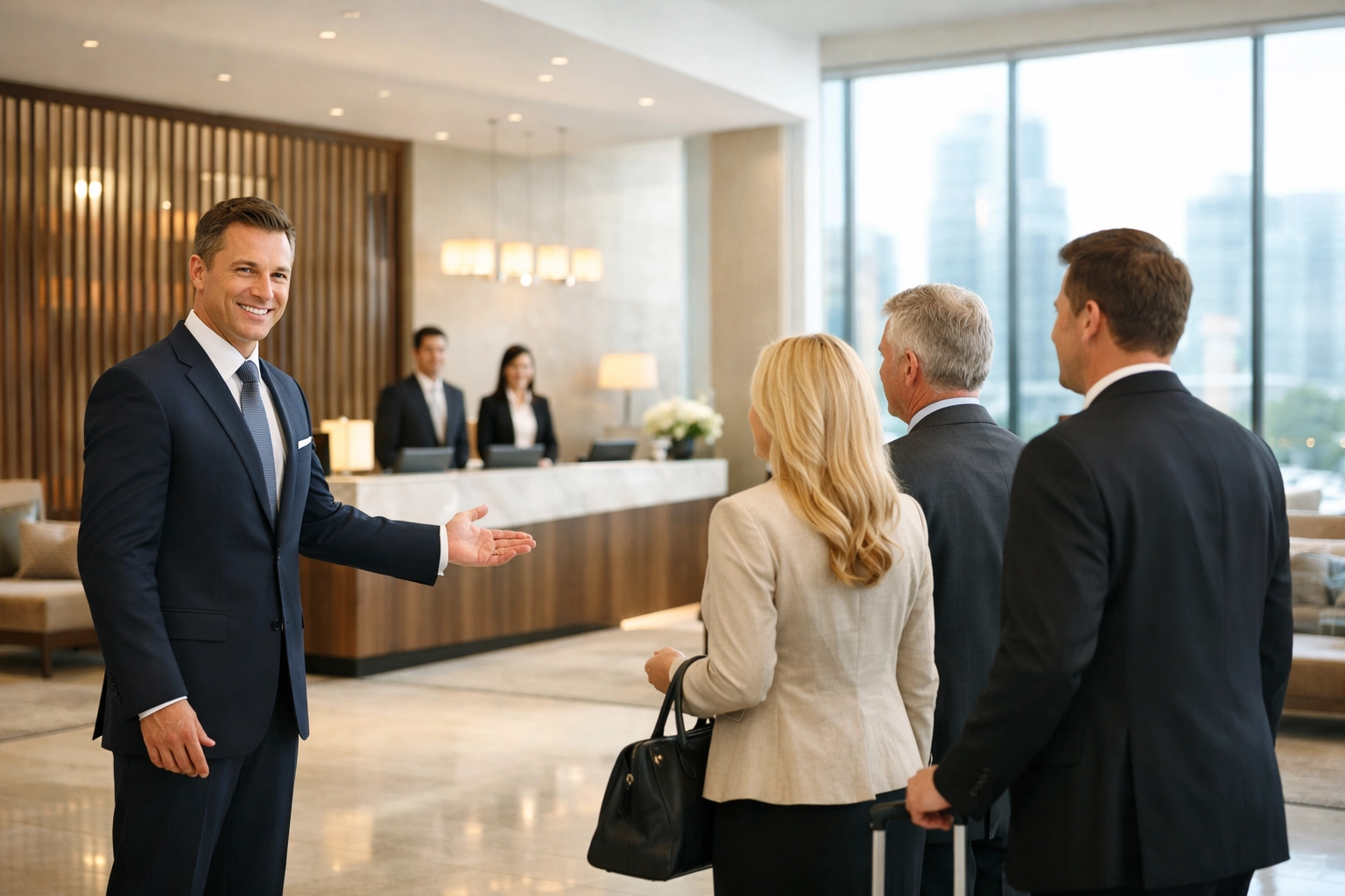 PRESS RELEASE: 7 Mistakes You're Making with Super Bowl Corporate Hospitality (and How to Fix Them) Concierge welcoming business executives to a luxury hotel for integrated Super Bowl hospitality logistics.