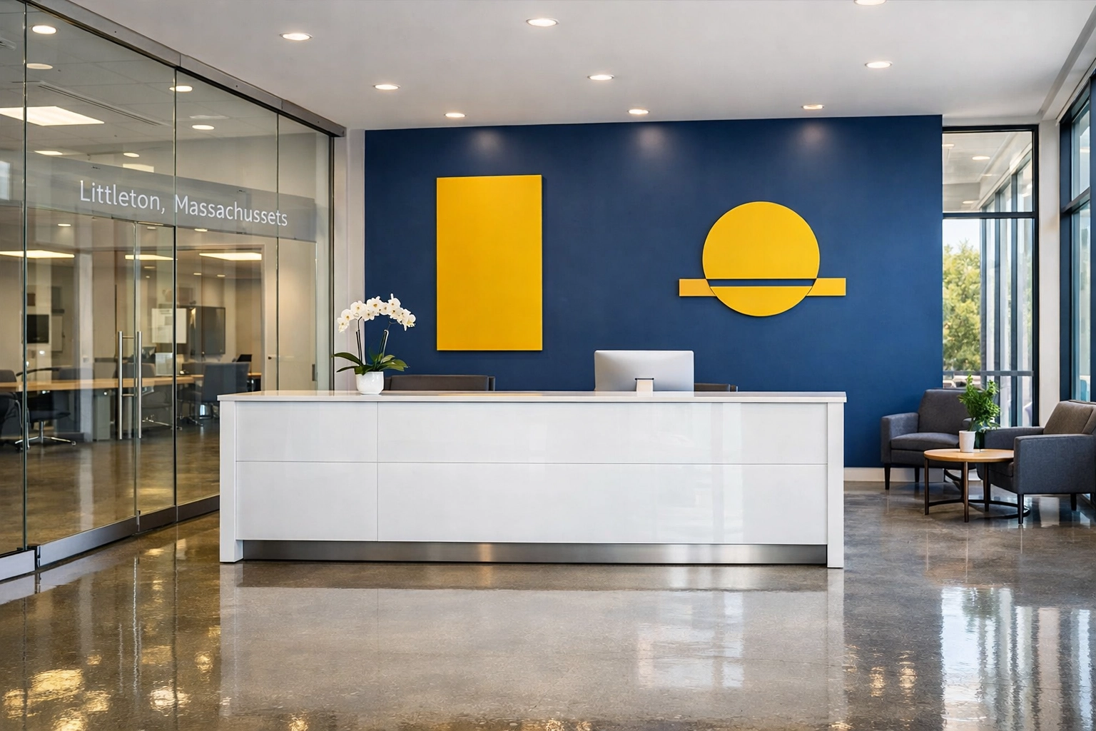 Modern office foyer perfectly sanitized after a professional post construction cleaning Littleton.