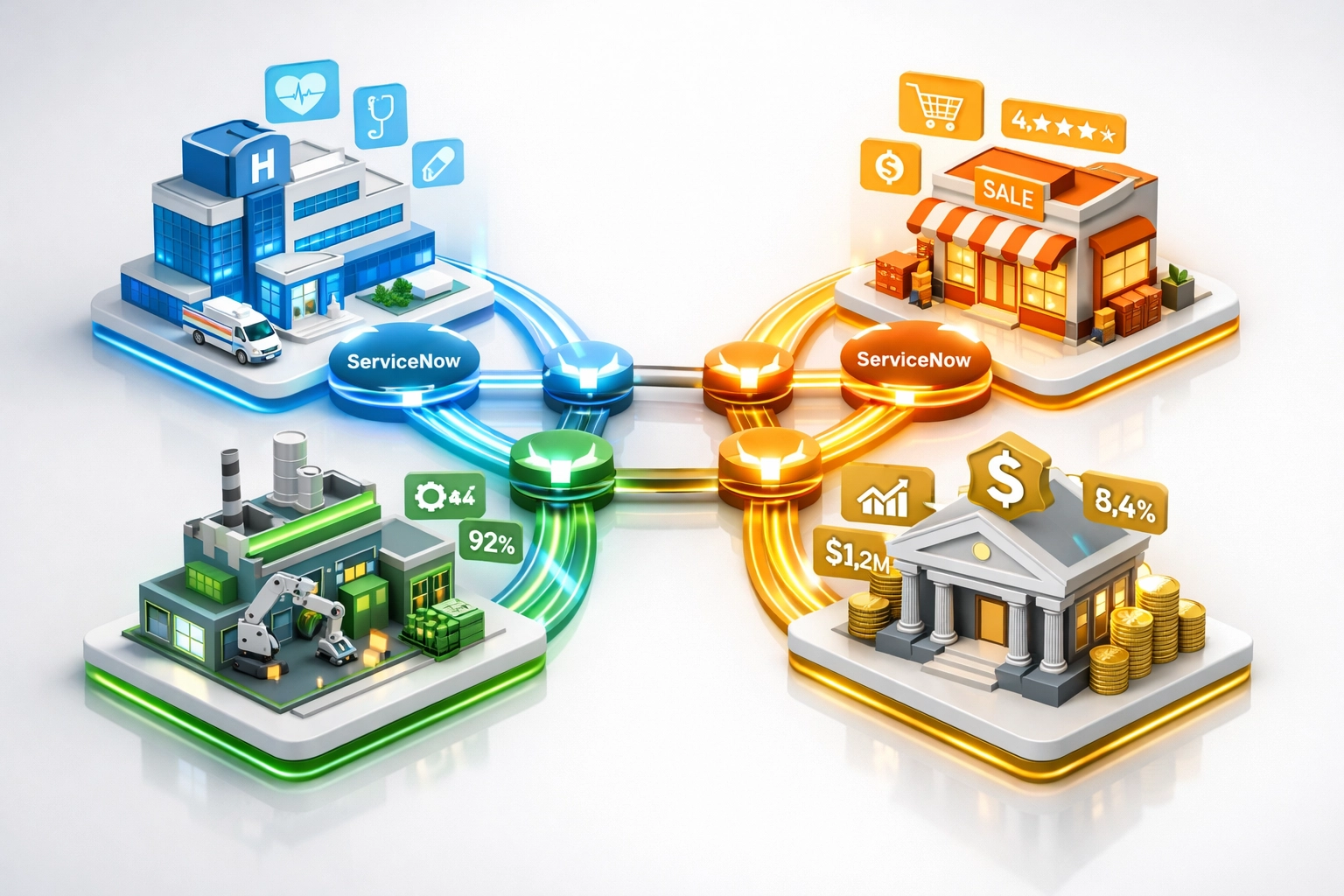 Industry-specific ServiceNow implementations across healthcare, retail, manufacturing, and finance sectors