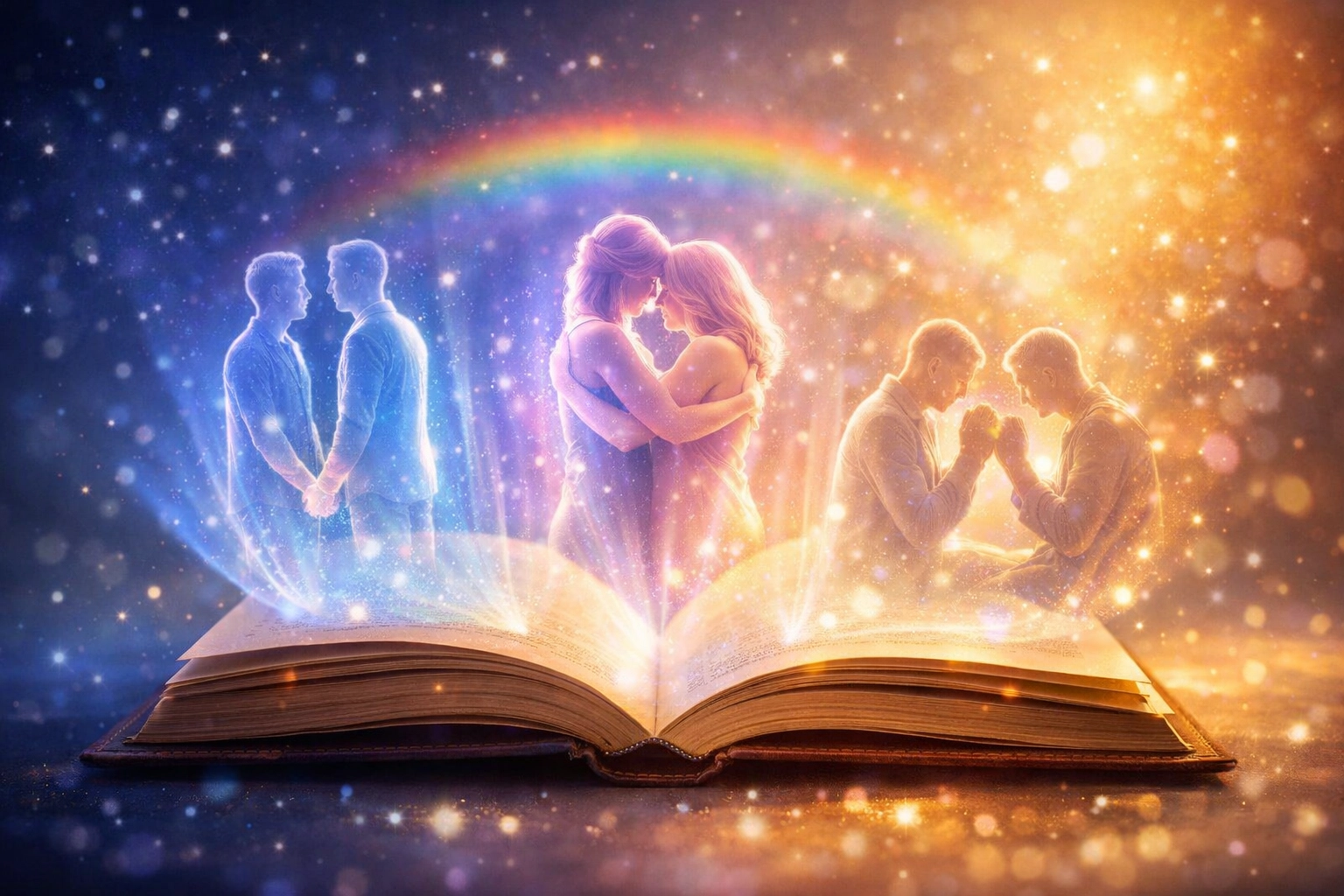 Open book displaying LGBTQ+ spiritual love stories and gay romance narratives
