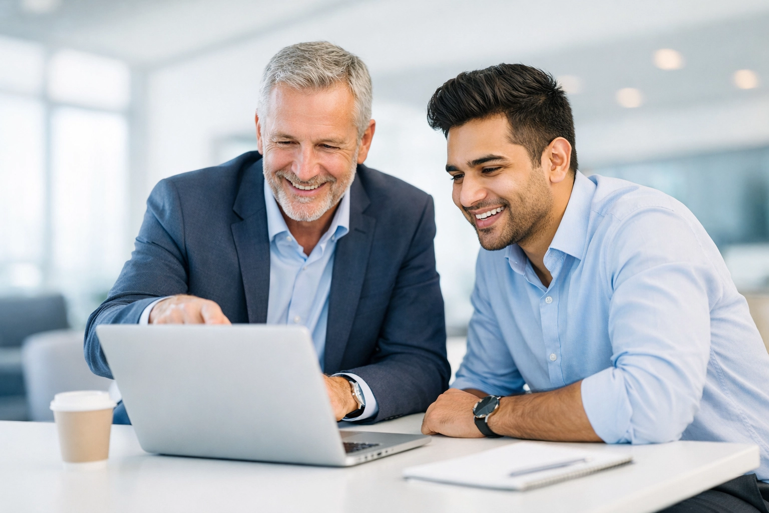 Senior and junior sales professionals collaborating on a laptop to improve team competencies.
