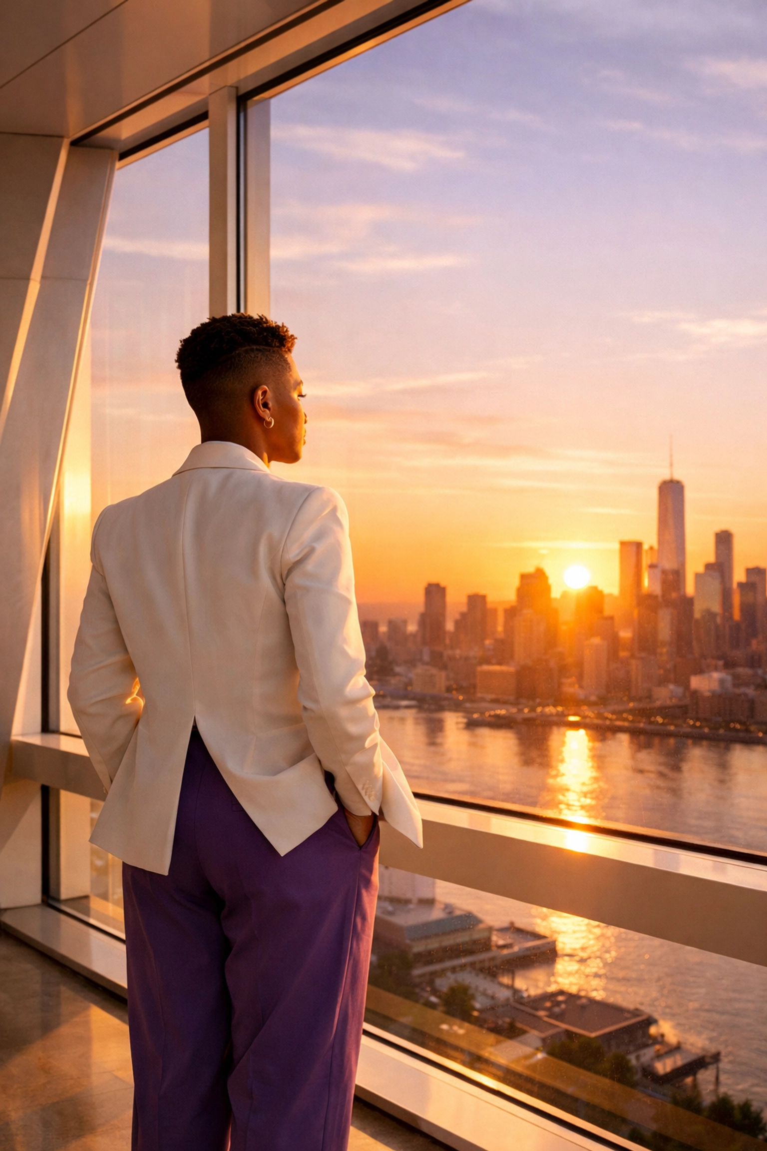 Non-binary professional visualizing a career roadmap and queer leadership strategy at sunrise.