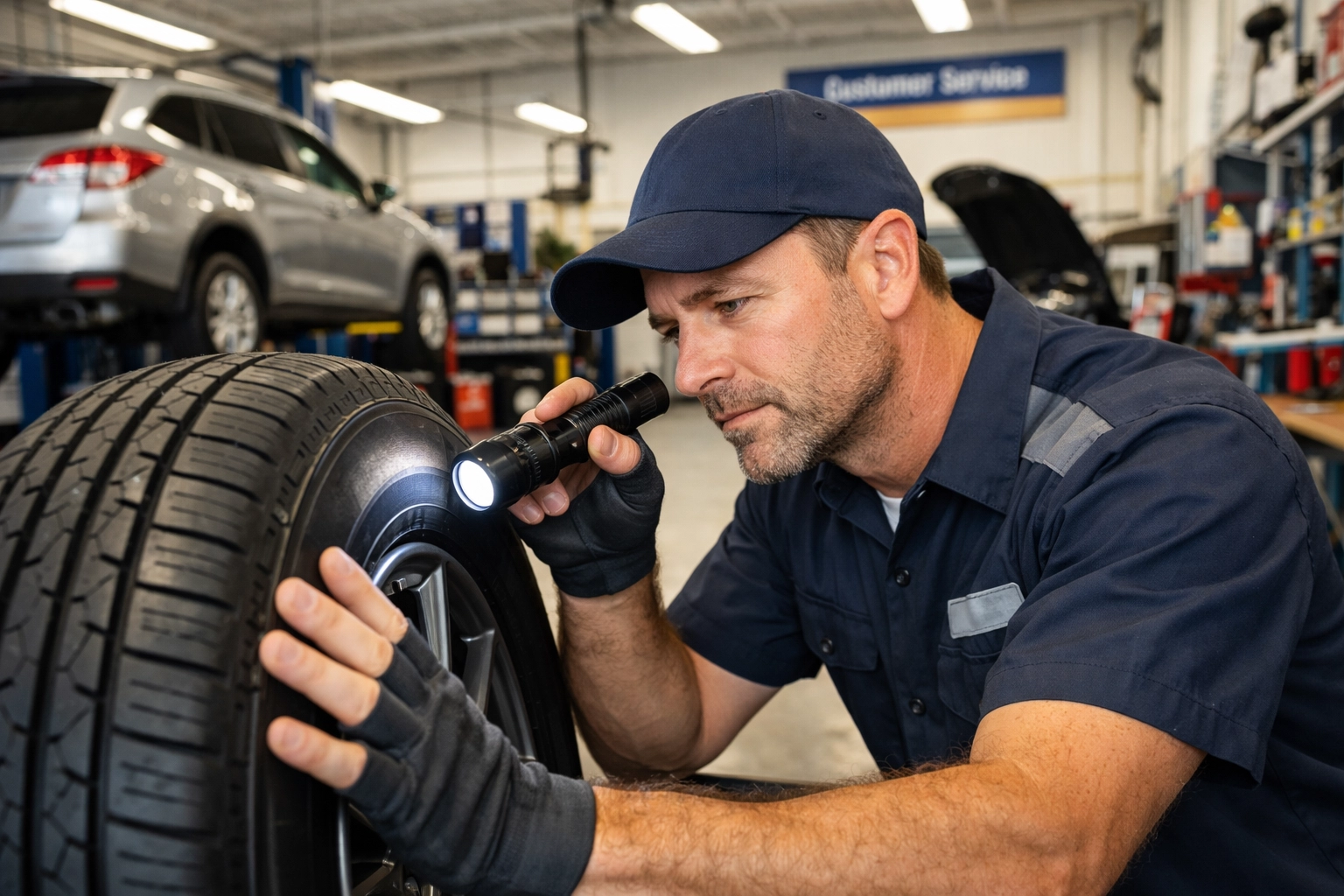 Expert mechanic inspecting used tires for safety at Macy's Tire & Lube in Holbrook, AZ.
