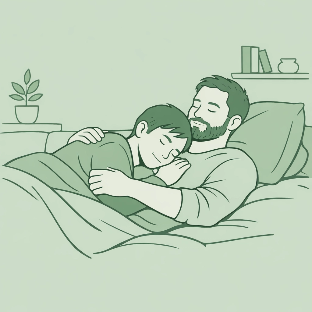 Men cuddling on couch depicting non-sexual physical intimacy and comfort in MM romance