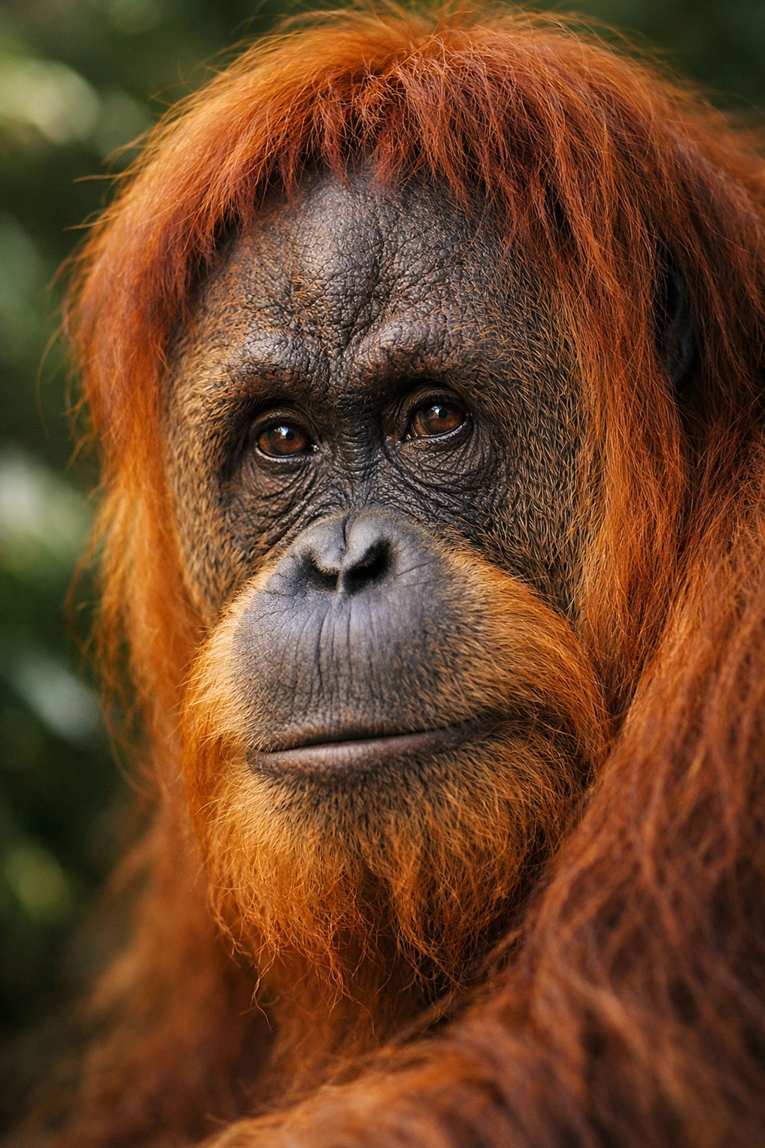 High-resolution close-up of an orangutan for zoo digital marketing and animal education signage.
