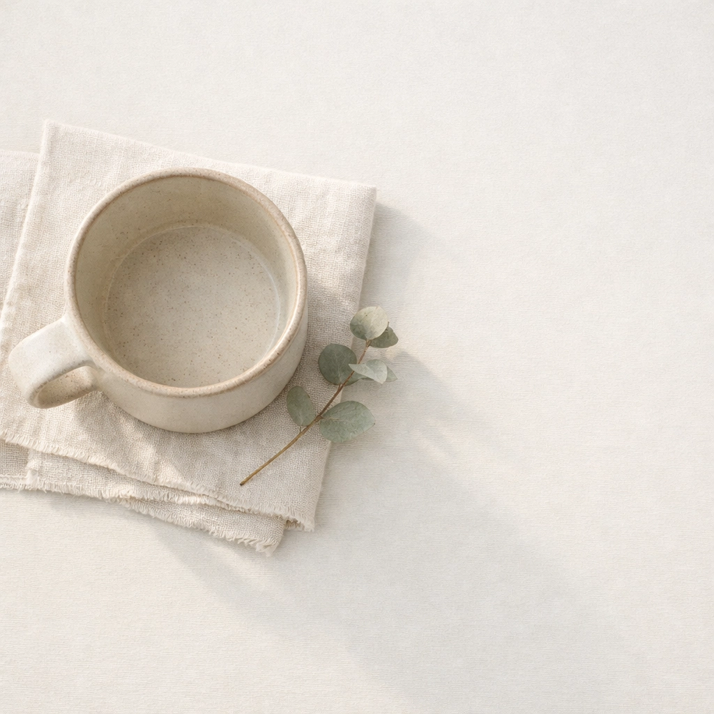Ceramic mug and eucalyptus sprig representing tiny wellness rituals for hybrid leadership resilience.