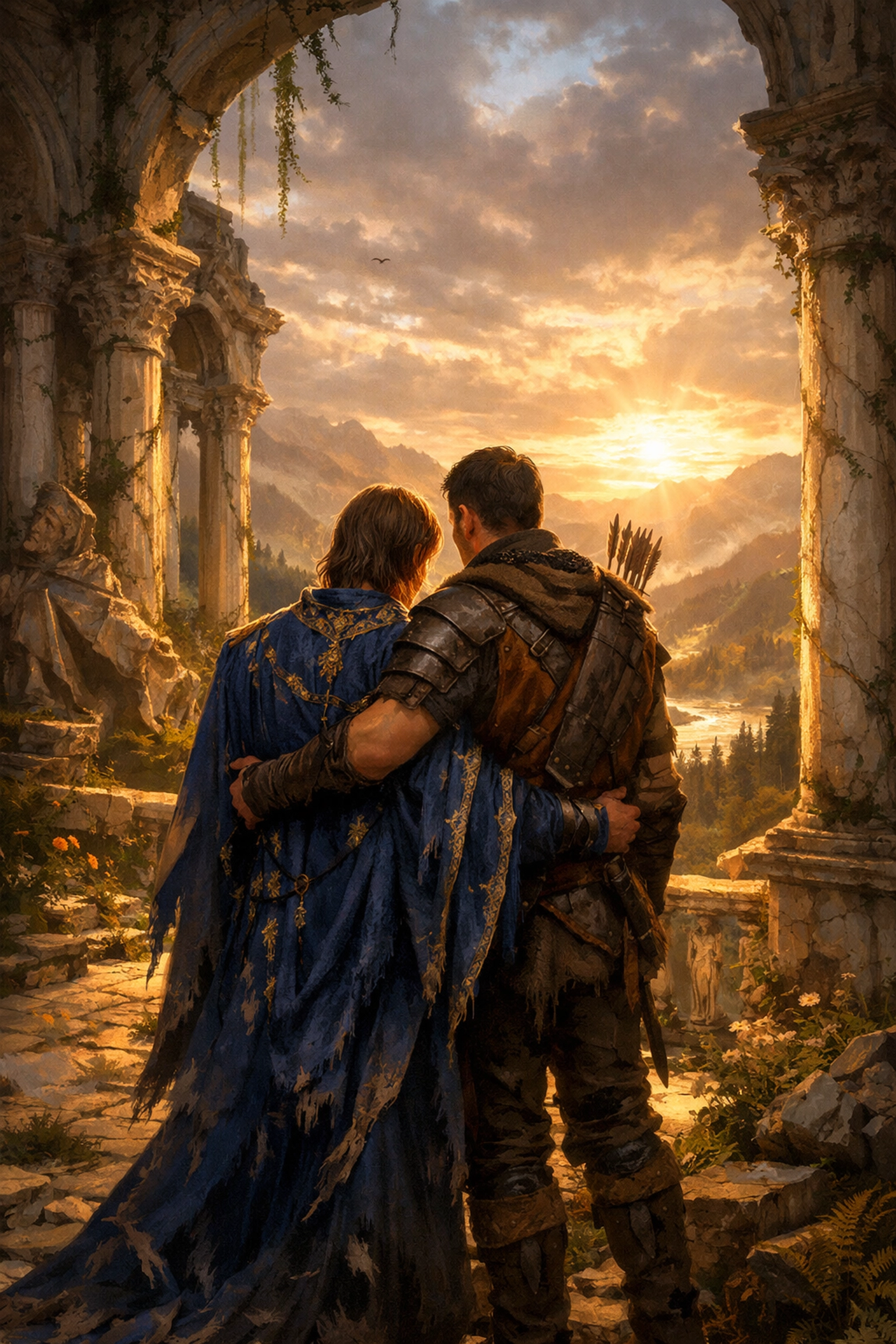 A fallen prince and his protector standing in palace ruins from an MM romance novel.