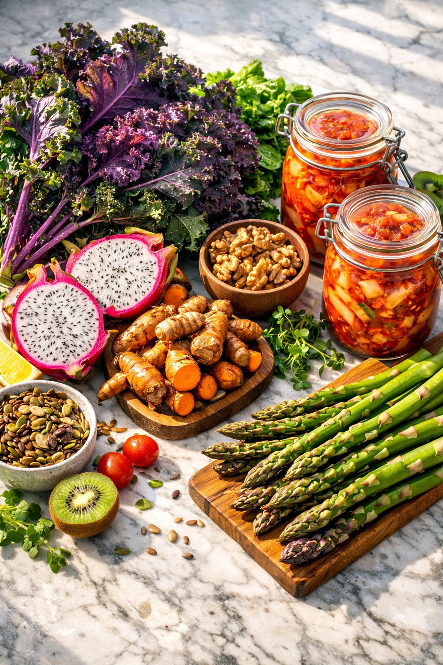 Assortment of fiber-rich plants and fermented foods to promote gut microbiome diversity and mental health.