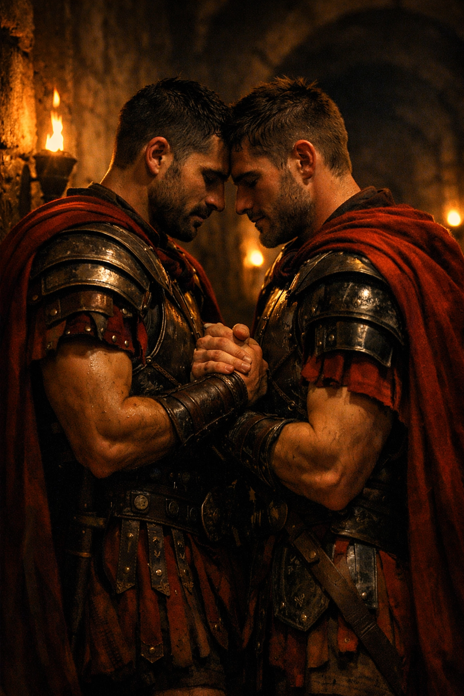 Two Roman soldiers in armor share an intimate embrace, illustrating the MM romance bond of Sergius and Bacchus.